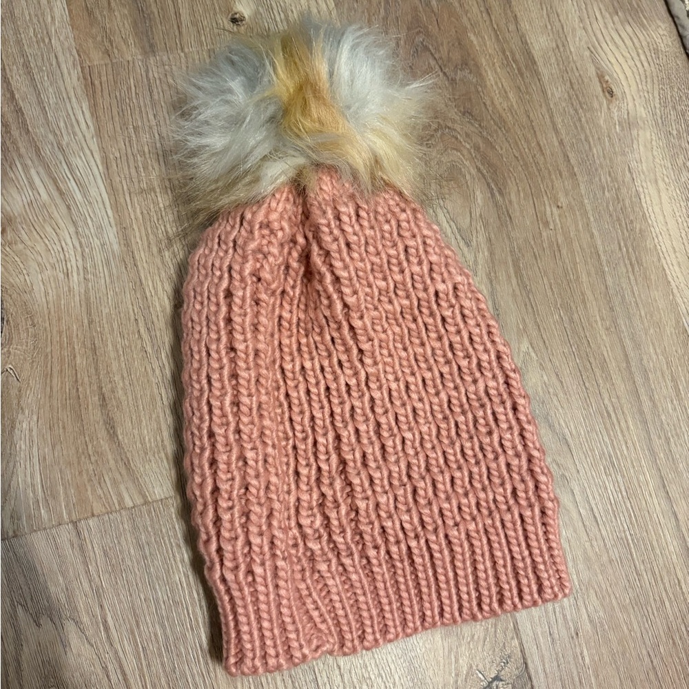 Pink Knit Beanie with Faux Fur Pom